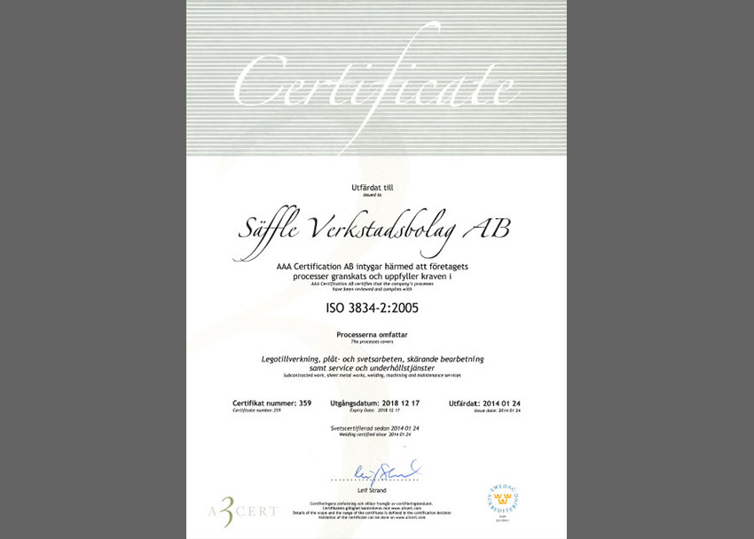 Certifikat svetsning WPS